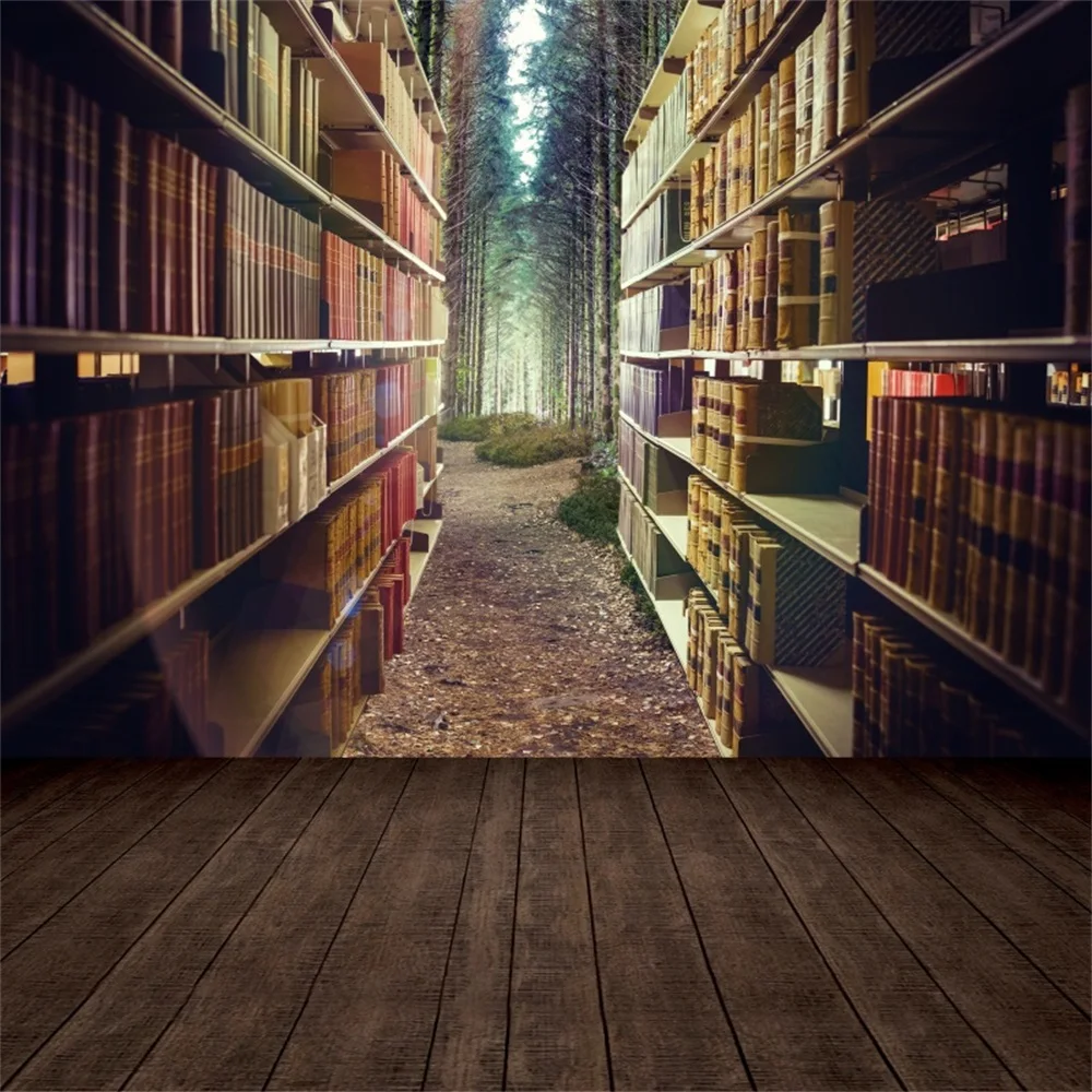 

Laeacco Old Wooden Bookshelf Books Forest Corridor Floor Baby Portrait Photo Backgrounds Photographic Backdrops For Photo Studio
