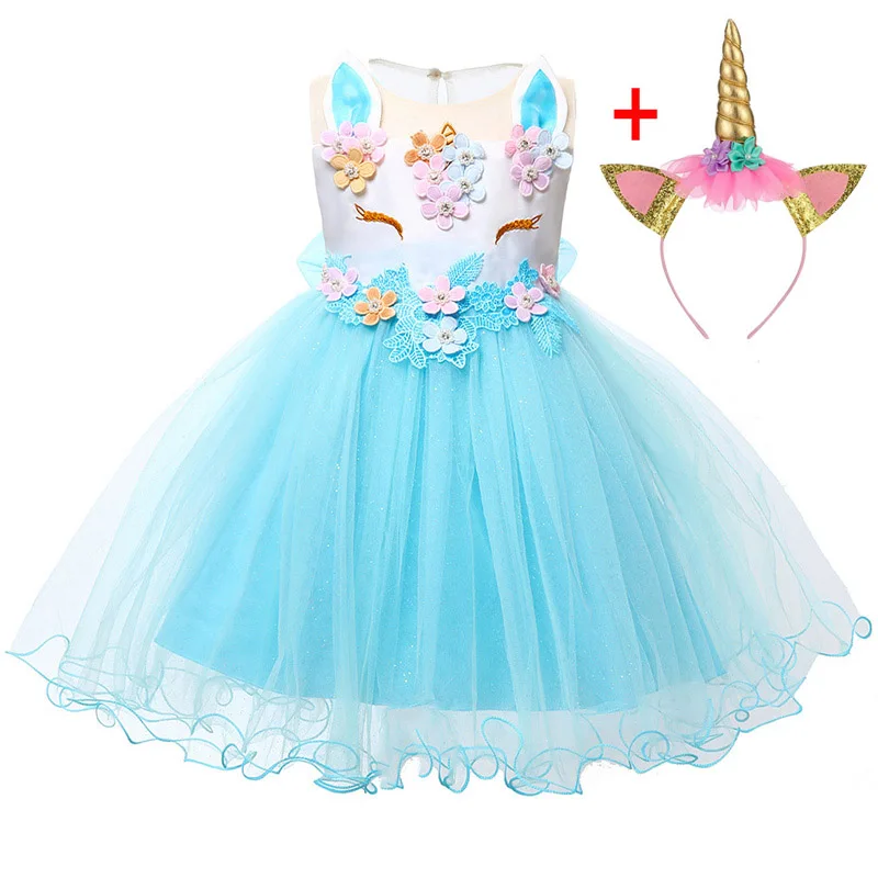 Blue Единорог платья для малышек летняя одежда для новорожденных; платье на крестины платья для первого Дня рождения для ребенка Нарядные платья принцессы для девочек - Цвет: Blue