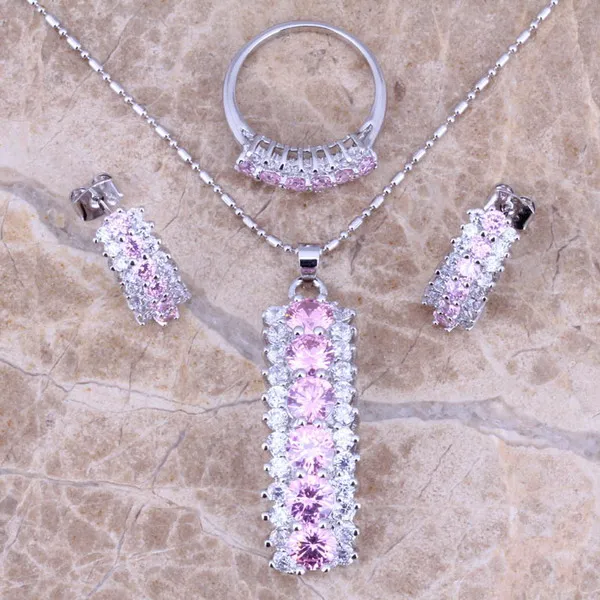 Роскошный розовый белый фианит Посеребренные Ювелирные наборы серьги кулон