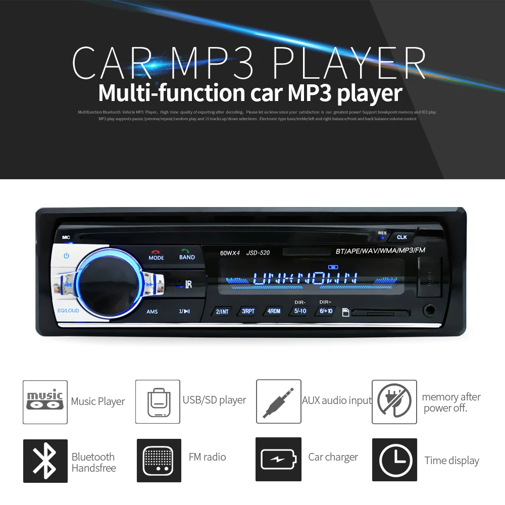 Универсальный автомобильный стерео Bluetooth Радио Аудио плеер приемник в-dash FM Aux вход WMA WAV MP3 плеер с SD/USB портом