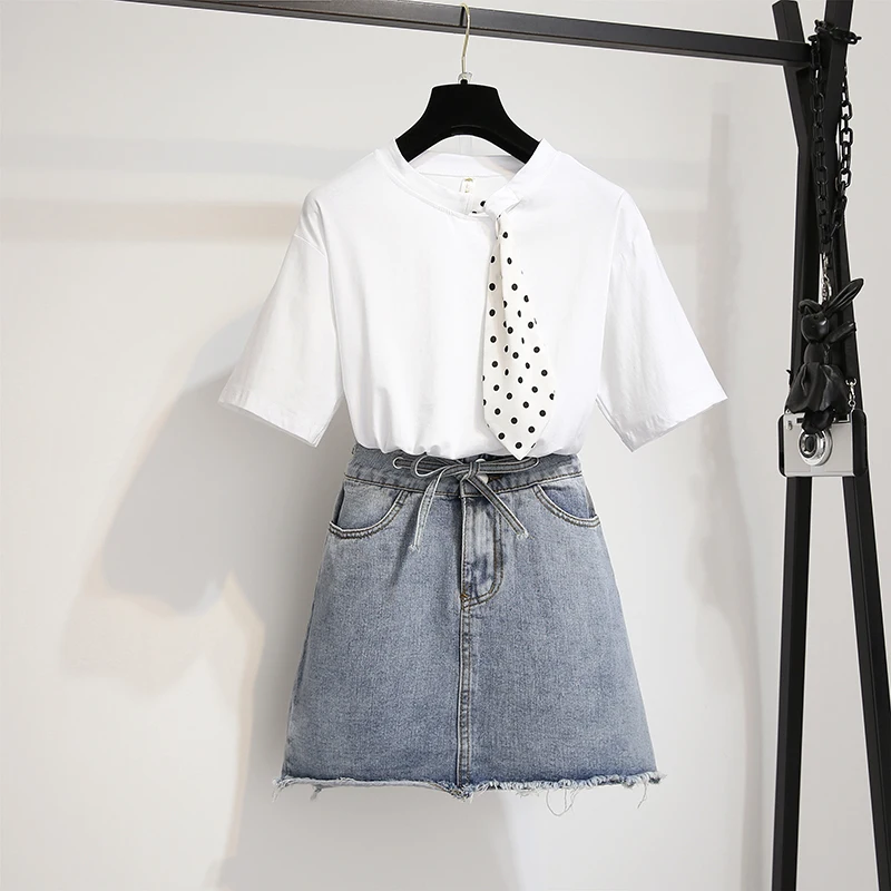 2019 Летняя мода Женская Повседневная футболка с короткими рукавами + джинсовая