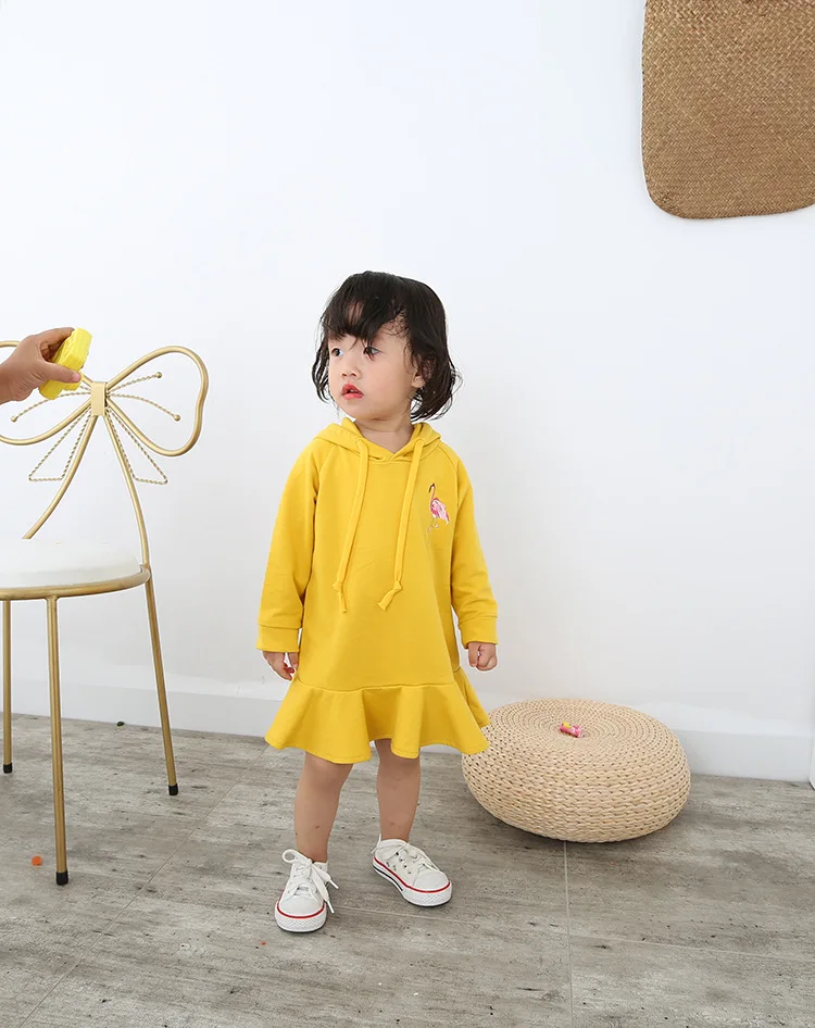 Baby Girls Dress Kids Casual Brand Long Sleeve Flamingo Embroidery Hooded Clothes Sweatshirt Dresses for Daily Wear | Детская одежда и