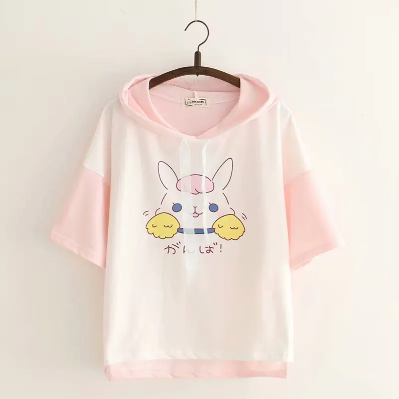 Японский Харадзюку Kawaii Кролик футболка для девочек Корейский милый кролик повседневные топы Лето короткий рукав женская футболка женская розовая одежда 90 - Цвет: Pink tops
