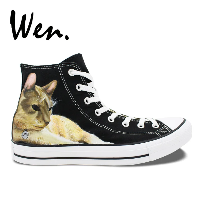 

Wen Custom Original Hand Painted Shoes Design Pet Cat Lazy Lying Women Sneakers skateboard High Top Black Men Canvas Trainers