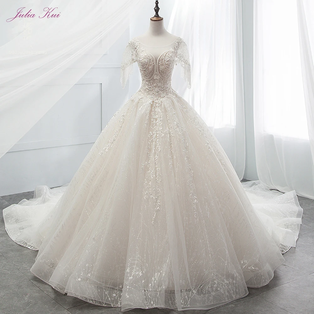Julia Kui Vintage Bling Scalloped-Neckline Ball Gown Wedding Dresses With Cap Sleeves Delicate Wdding | Свадьбы и торжества
