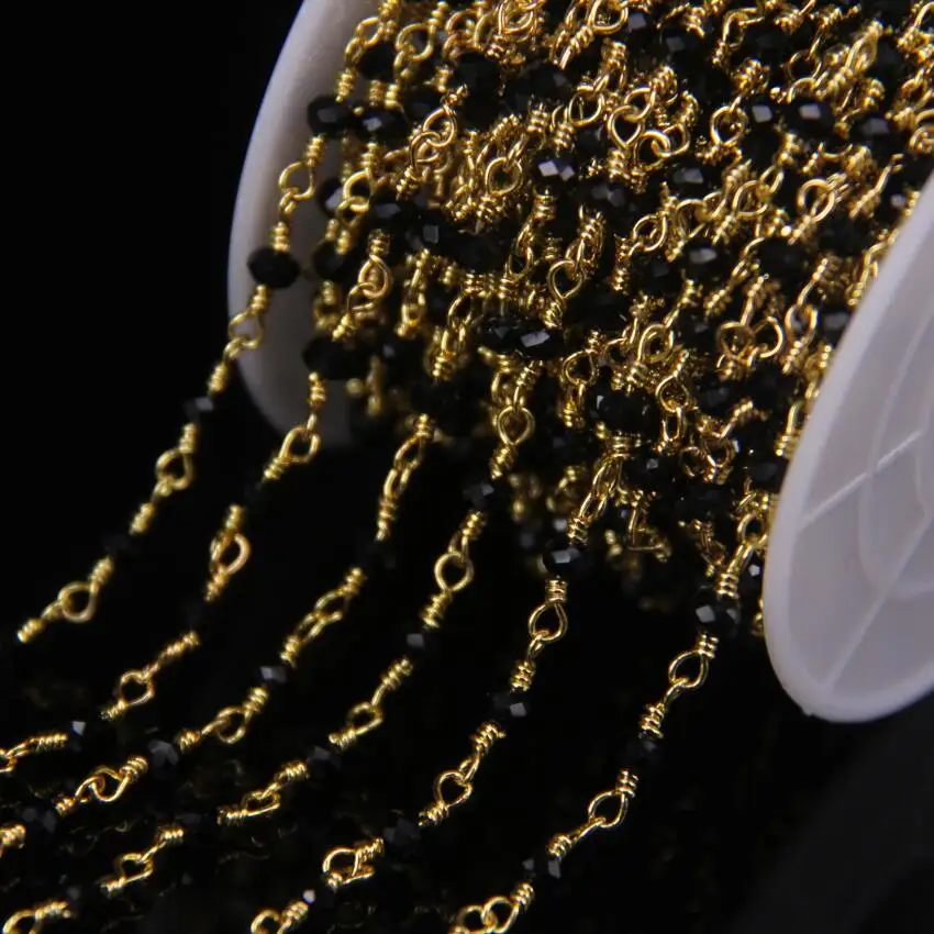 5 метров 2x3 мм черный агат стеклянные бусины граненые цепи Rondelle позолоченные