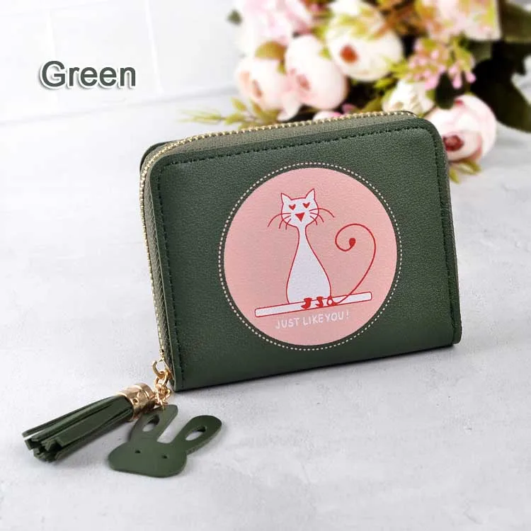 Green Кот короткие Ленточки женские бумажники с застежкой-молнией держатель для карт для девочек кошельки бумажник леди толстосумы цвет конфеты мини сумки карман - Цвет: Green
