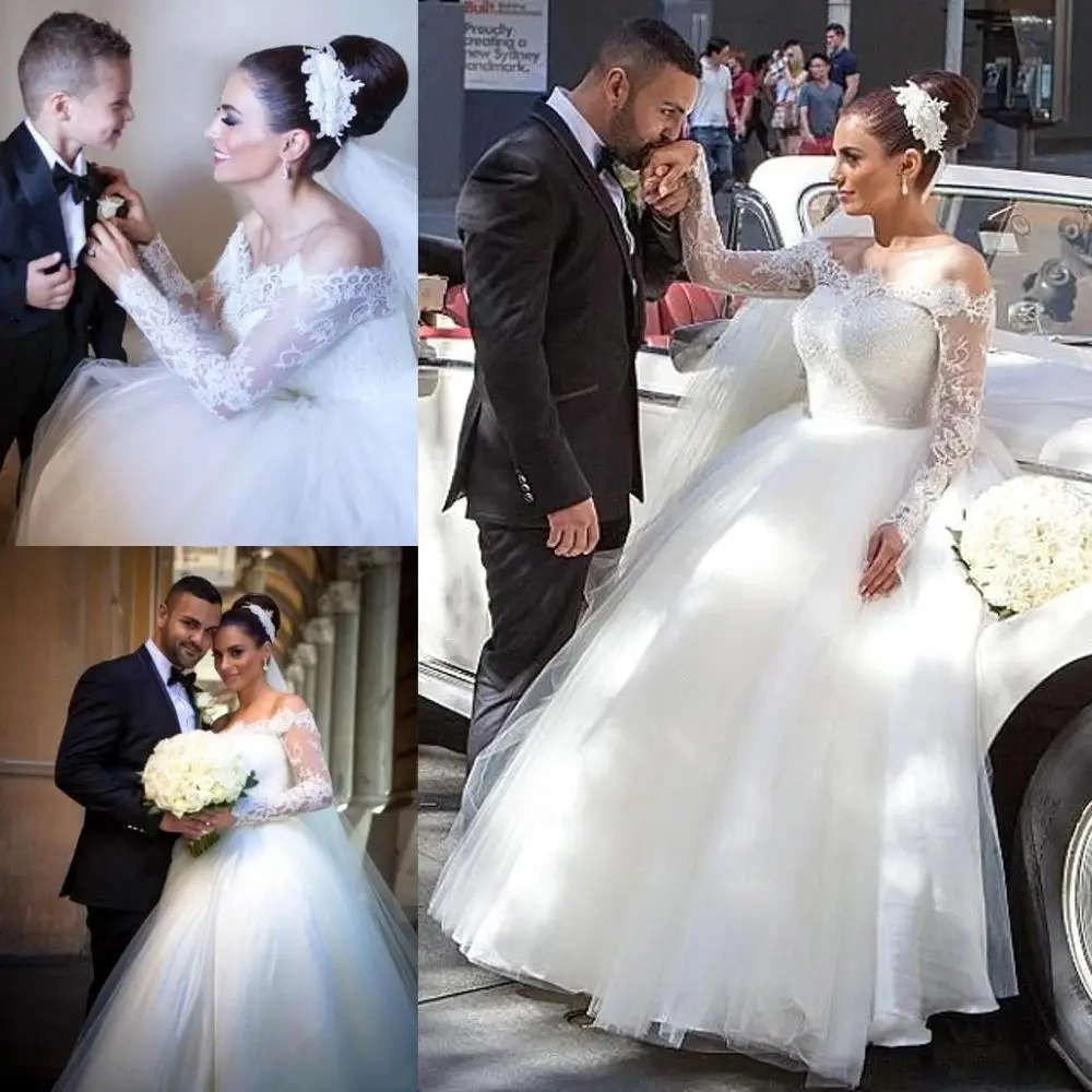 

Stunning Lace Long Sleeve Wedding Dress Off Shoulder ball gown White Wedding Gown Bride Dress Vestido de noiva Robe de mariage