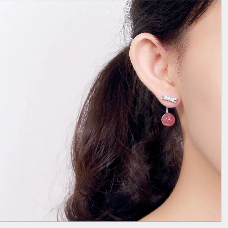 Uglyless Natural Strawberry Quartz Ball Stud Earrings Women Handmade Solid 925 Silver Bow Studs Detachable Dual Use Fine Jewelry | Украшения