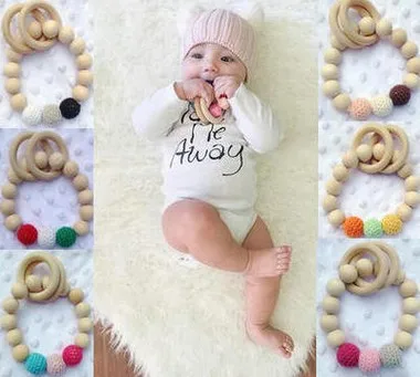 

New Safety Round Bead Wooden Natural Baby Teething Ring Chewie Cute Teether Training Bunny Sensory Toy