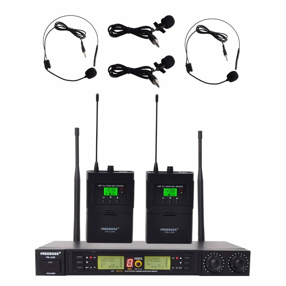 

Freeboss FB-U08H2 2 Way 200 Channels PLL IR UHF Wireless Microphone 2 Bodypack Transmitter with Headset and Lavalier Microphone