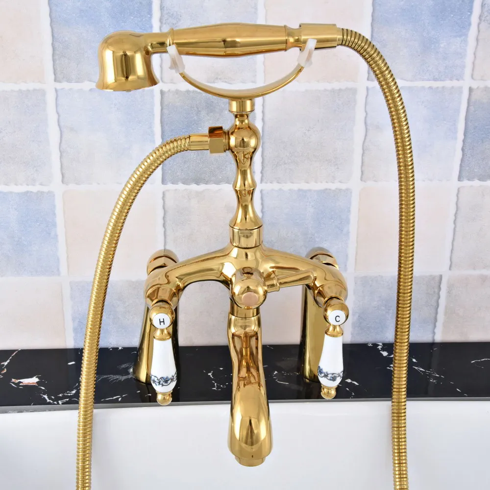 

Luxury Gold Color Brass Deck Mounted Bathroom Tub Faucet Dual Handles Telephone Style Hand Shower Clawfoot Tub Filler atf788