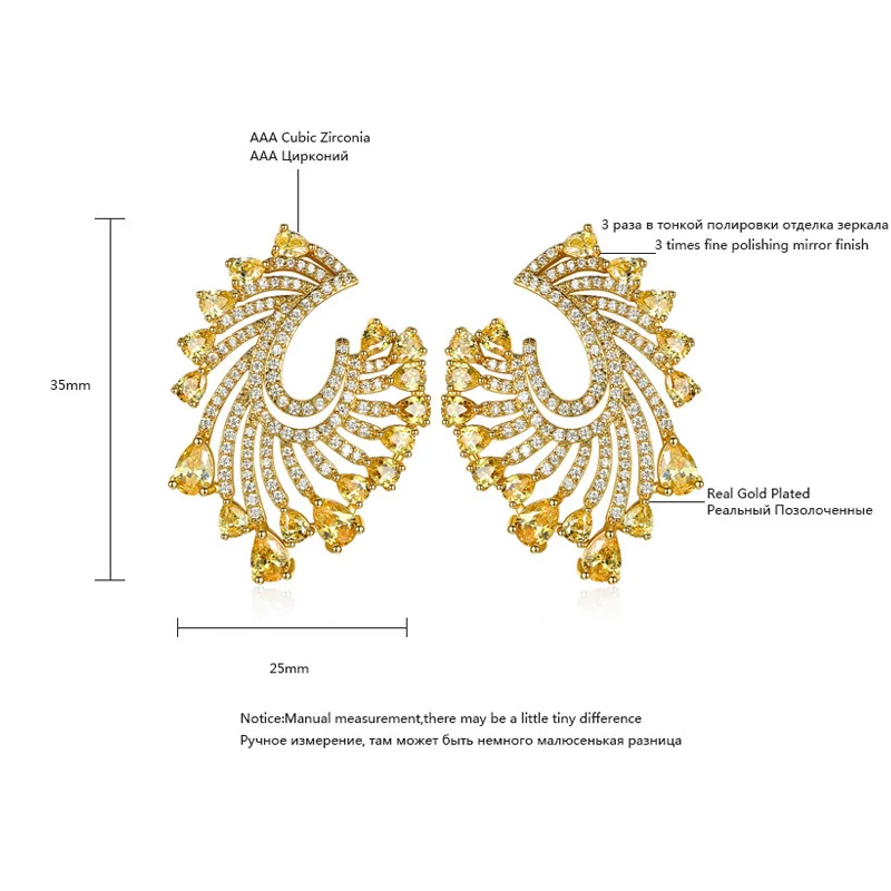 LUOTEEMI Fashion Big Flower Stud Earrings U Shape Micro Paved Shining Clear Yellow CZ White Gold-Color Brincos Christmas Gifts | Украшения