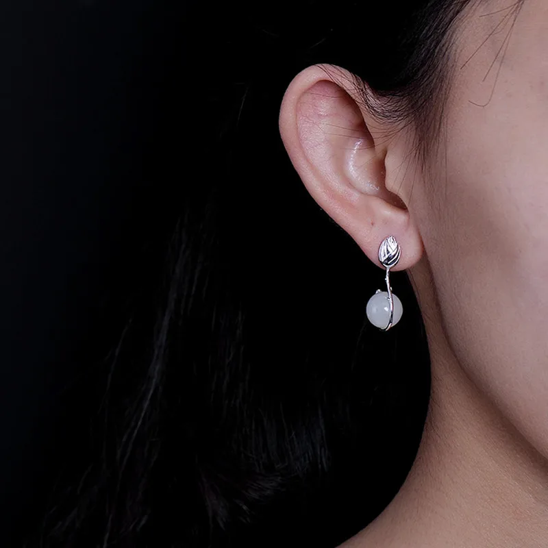 Uglyless Elegant Lady Nature Gemstones Earrings Handmade 100% Real Solid 925 Silver Lotus White Jade Balls Fine Jewelry | Украшения и