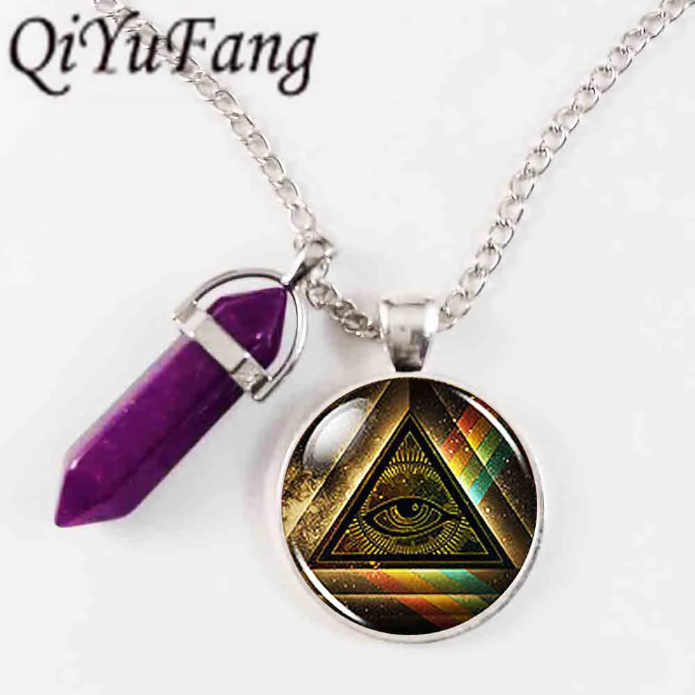 

QiYuFang jewelry Purple Crystal Steampunk glass Masonic free Mason Freemason Illuminati Pendant Necklace 1pcs/lot Men vintage