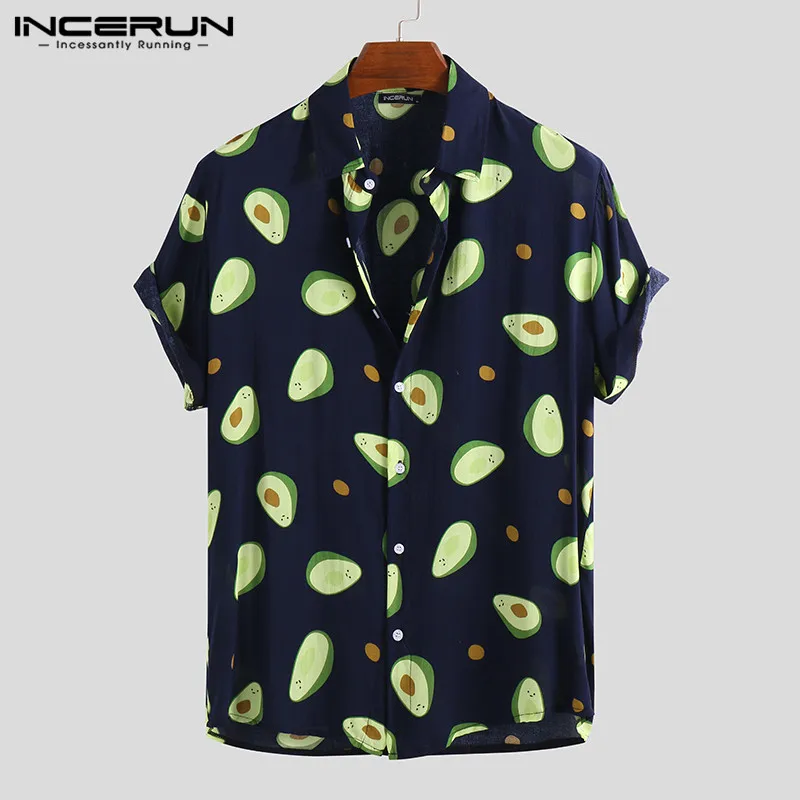 INCERUN Summer Avocado Print Men Shirt Turn-down Collar Short Sleeve Casual Beach Hawaiian Shirts Men Streetwear Camisa 2022 5XL