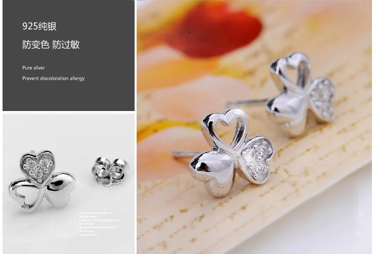 Модные серьги-гвоздики из стерлингового серебра 925 пробы с клевером женские