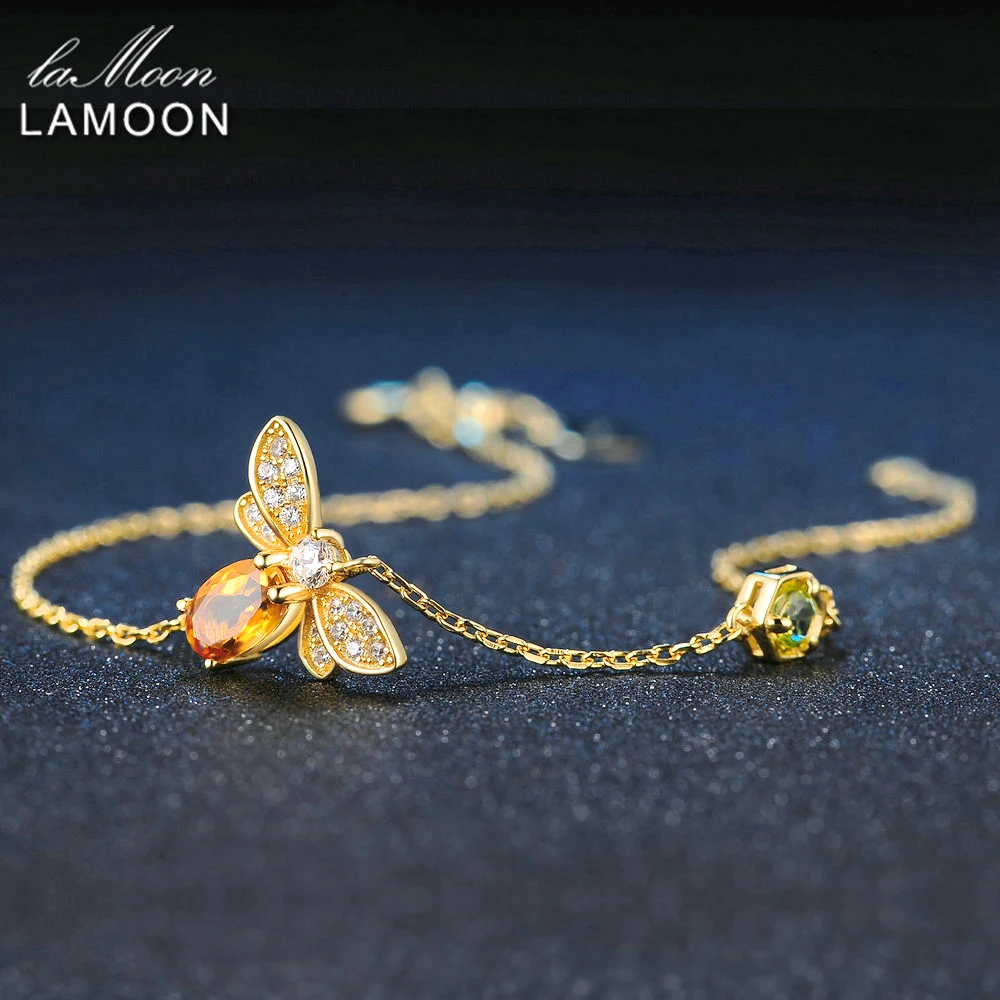 LAMOON Bee Bracelet For Woman Citrine Gemstones Bracelets 925 Sterling Silve 14K Gold Plated Designer Jewelry For Lover LMHI002