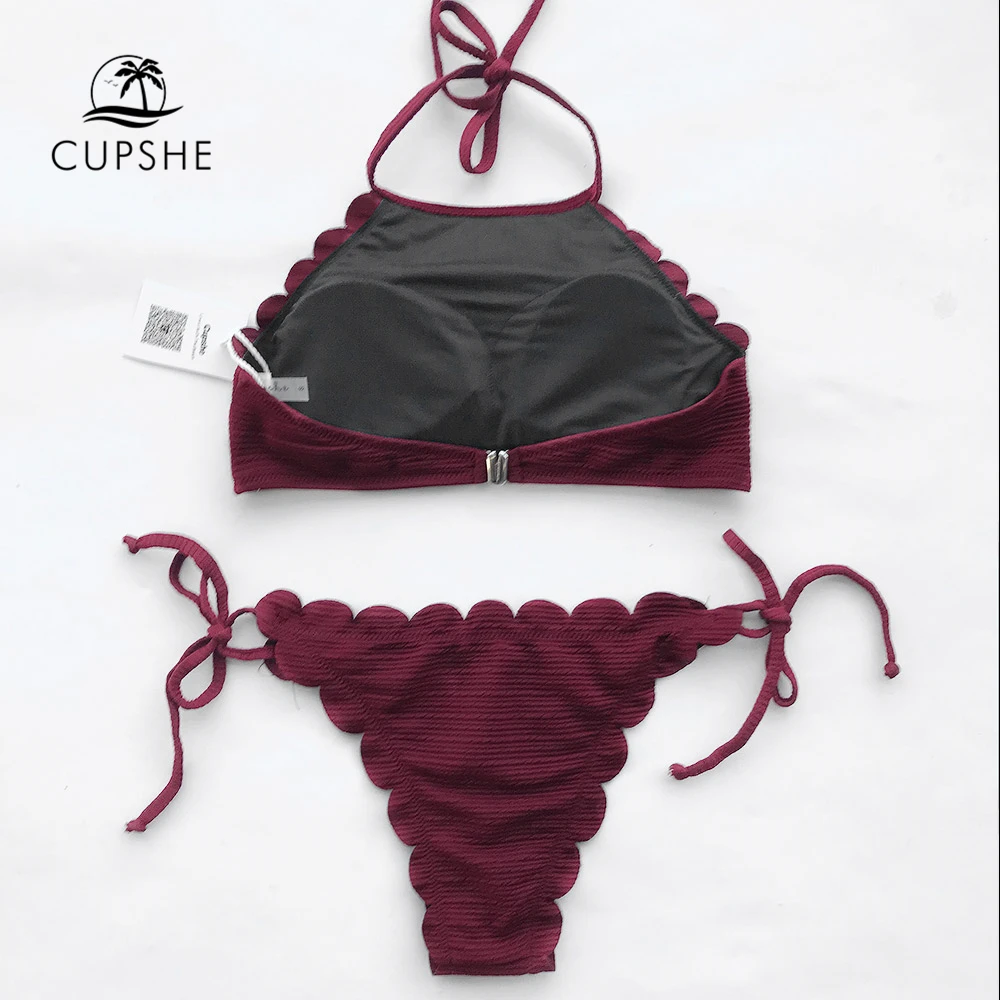 CUPSHE Sway In The Breeze однотонный комплект бикини для женщин с волнистым краем топ на