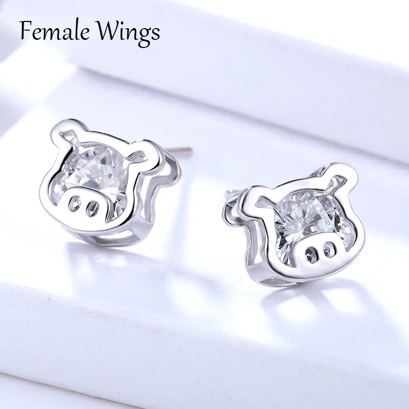 Female Wings Cute 925 Sterling Silver Zircon Stud Earrings for Women Little Pig Lovely Girl Party Jewelry Gift FE040 | Украшения и