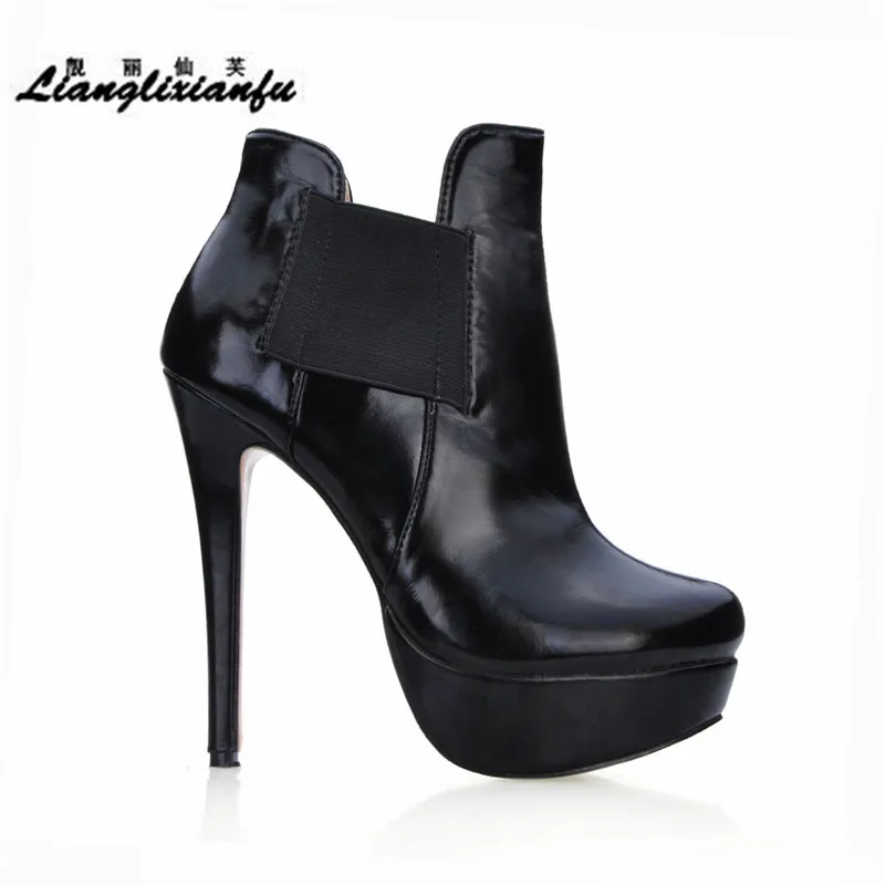 

LLXF Spring Autumn Ankle Boots platforms shoes woman Motorcycle 14cm Thin High-heeled zapatos mujer pumps Black wedding botas