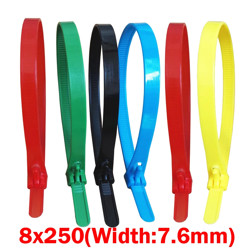 

8x250 8*250mm (7.6mm Width) Blue Yellow Red Nylon Network Electric Wire String Plastic Reusable Releasable Zip Ties Cable Tie