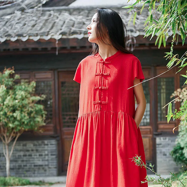 Весенне-летнее хлопковое и льняное женское новое ретро-платье с пряжкой для дома