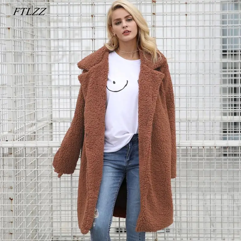 FTLZZ Новое Женское пальто из искусственного меха размера плюс 3XL винтажная верхняя одежда зимнее длинное меховое пальто толстая теплая куртка Casaco Feminino - Цвет: Коричневый
