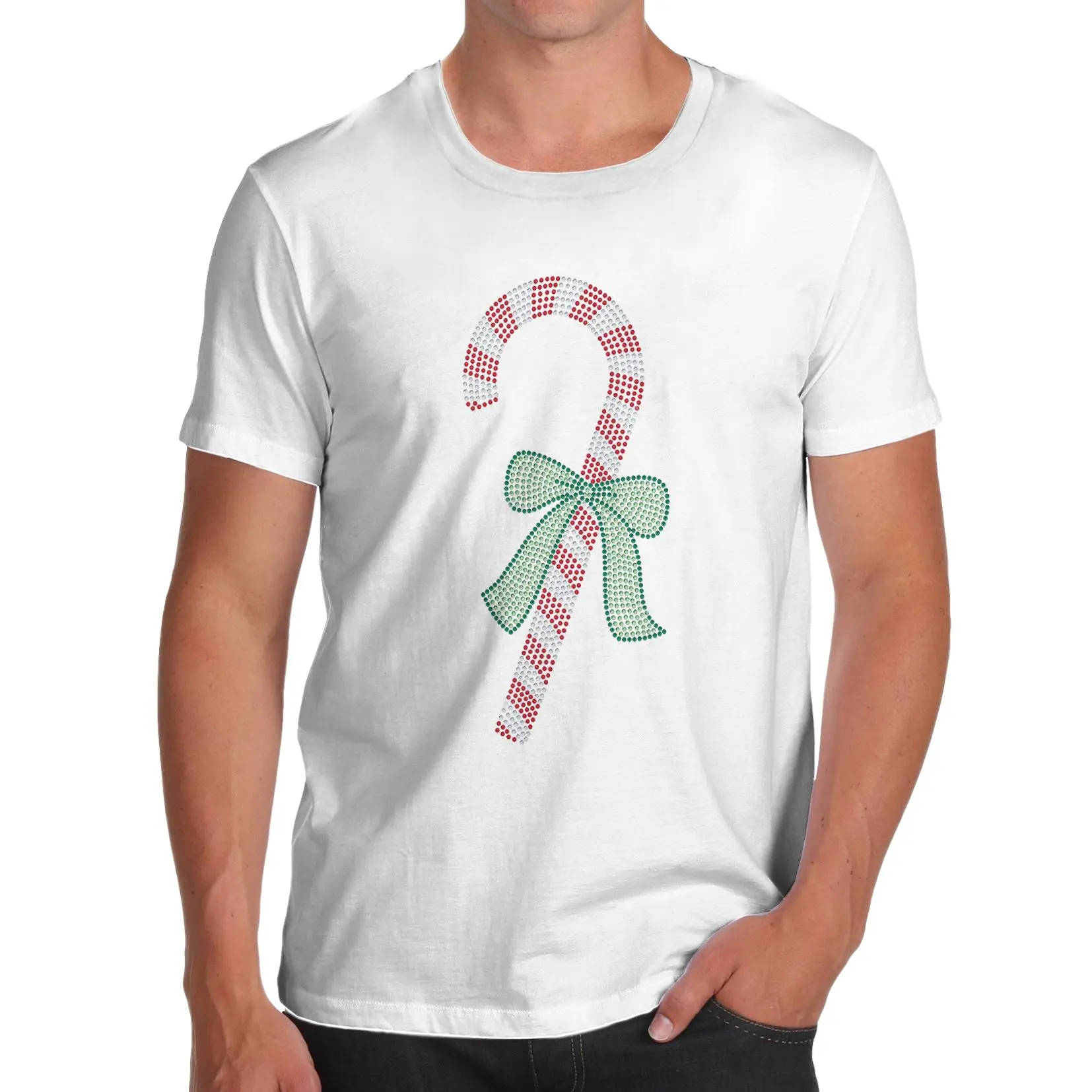 Men's Cotton Rhinestone Winter Christmas Theme Candy Stick T-Shirt Casual Male Short Sleeve Pattern New 2018 Fashion | Мужская