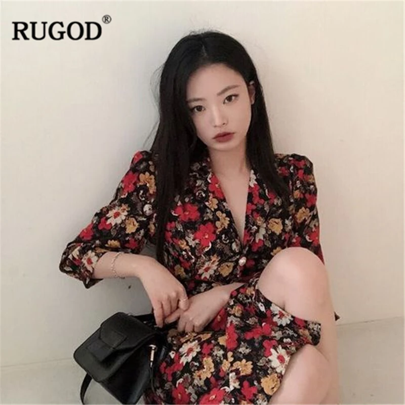 Женское платье с цветочным принтом RUGOD винтажное однобортное треугольным