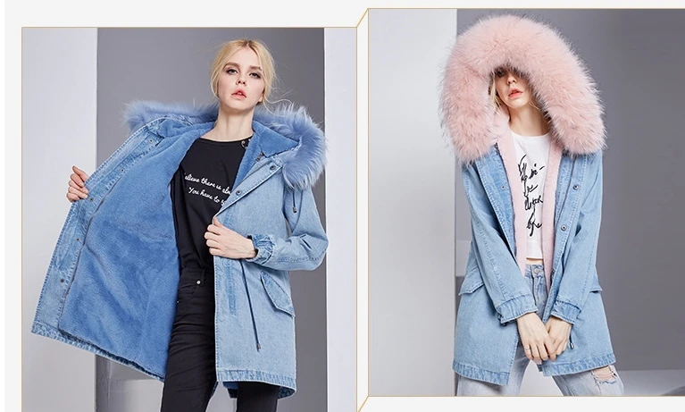 Bootyjeans, розовое, синее, настоящее Женское пальто с мехом, воротник из лисьего меха, парки с капюшоном, верхняя одежда, длинная, кроличья шерсть, меховая подкладка, зимнее пальто