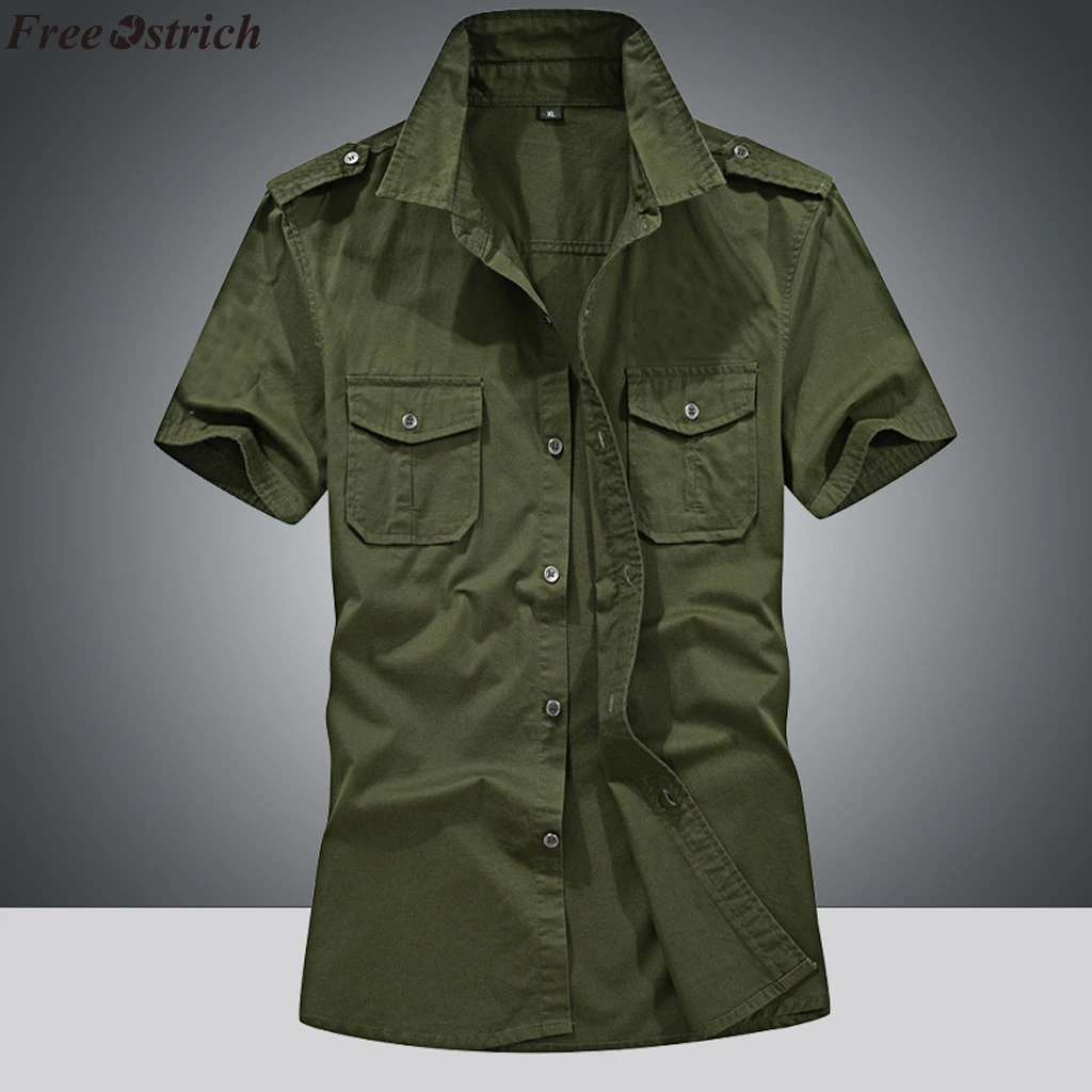 Бесплатная Страусиная мужская повседневная хлопковая рубашка в стиле милитари с