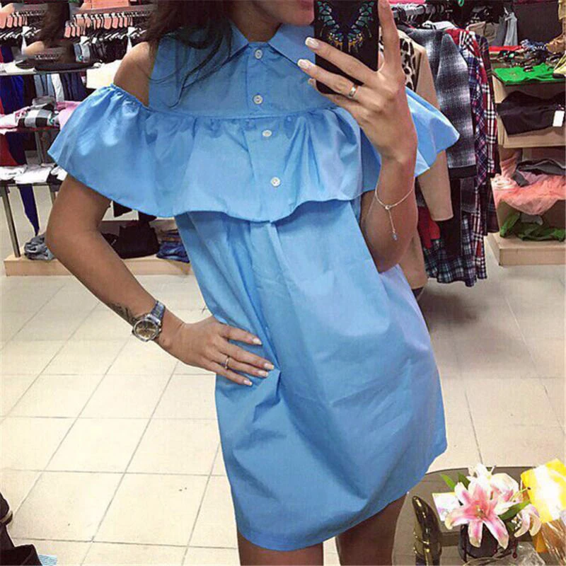 2017 Женщины Летний Новый Повседневная Синий Оборками Рубашки Dress симпатичные