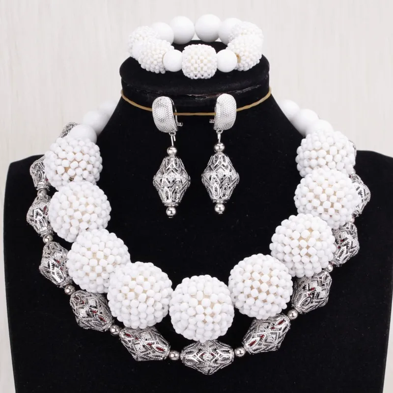 4 ujewelry индийские свадебные украшения комплект Серебряный и белый шары ручной работы браслет серьги ожерелье комплект для нигерийской свадьбы