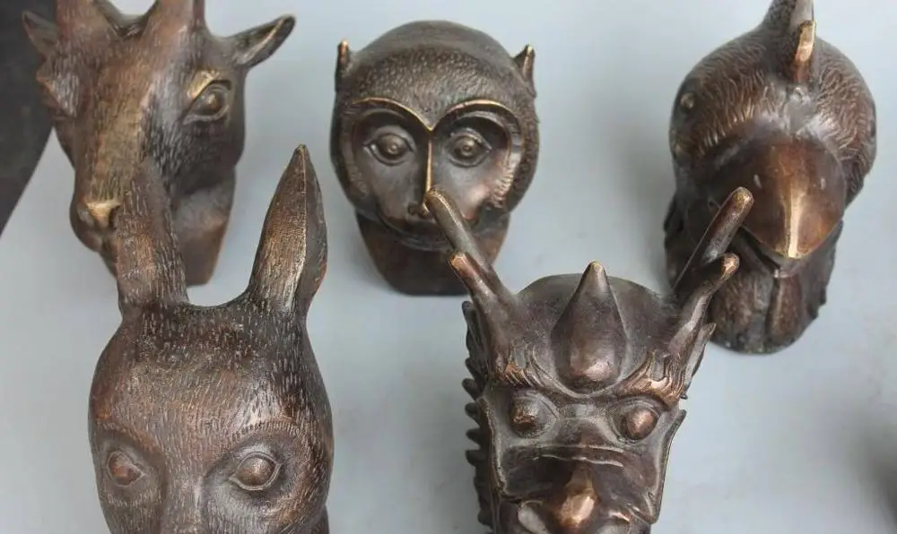 Marked Chinese Bronze 12 Animal Dragon Horse Sheep Bull Chicken Head Full Set | Дом и сад