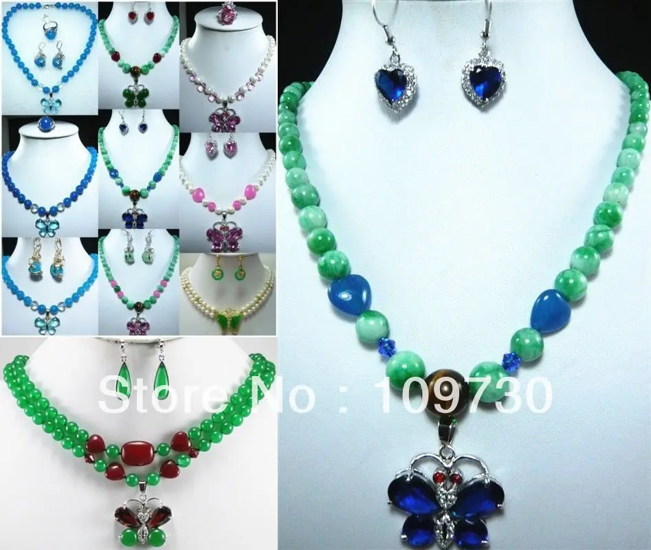 Jewelry 00513 10 color-fancy green/blue/pink jade pearl necklace butterfly pendant earring set can choose | Украшения и