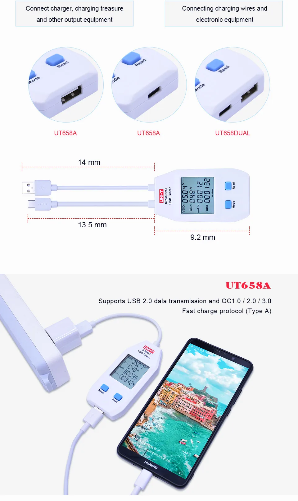 UNI-T UT658 серия USB измеритель мощности и тестер USB-A и USB-C цифровой измеритель напряжения/тока/емкости/энергии/сопротивления