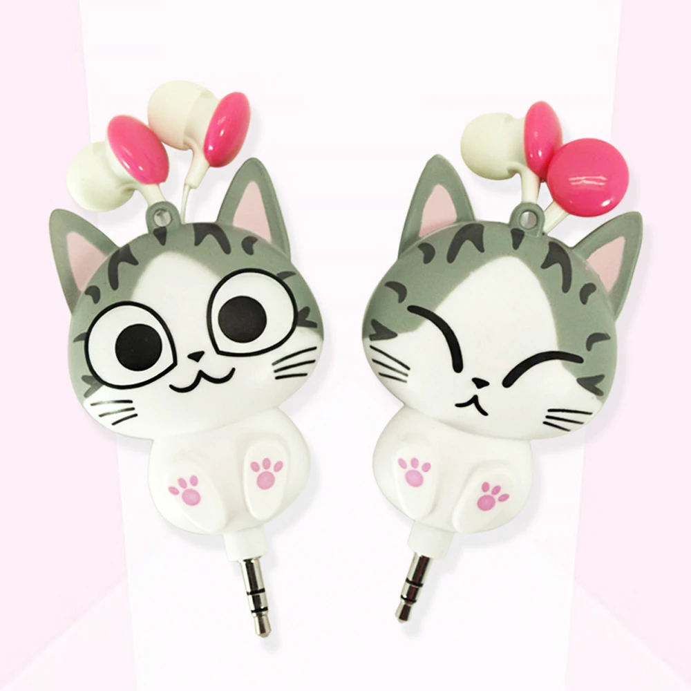 In-ear Earphones Cute Cartoon Cat Panda Cheese Earplugs Retractable Automatic Headset for Iphone Android Kid Girls Gifts