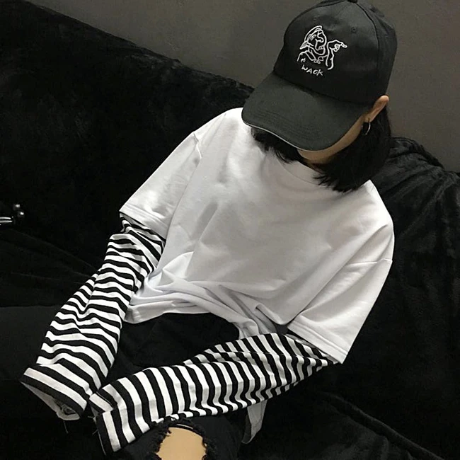 Camiseta Mujer, модные корейские футболки Ulzzang Harajuku, полосатая футболка с длинным рукавом для женщин, лоскутные Футболки с круглым вырезом