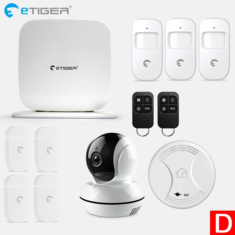Etiger беспроводной Secual Box Wi-Fi/GSM сигнализация умный дом Комплект с датчиком движения PIR IP wifi камера Беспроводной детектор дыма - Цвет: SET   D