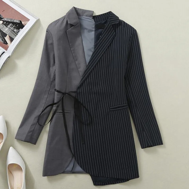 Long Sleeve LXUNYI, женские блейзеры, куртка,, весеннее пальто, для женщин, ассиметричный, в полоску, пэтчворк, Длинный блейзер, подиум, Повседневный, женский костюм, пальто - Цвет: Long Sleeve