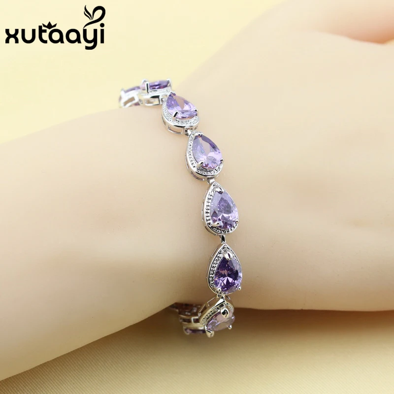 

Silver colorcolor Jewelry For Women Water Drop Purple Cubic Zirconia Fashion Link Chain Bracelets Length18+2cm Free Box