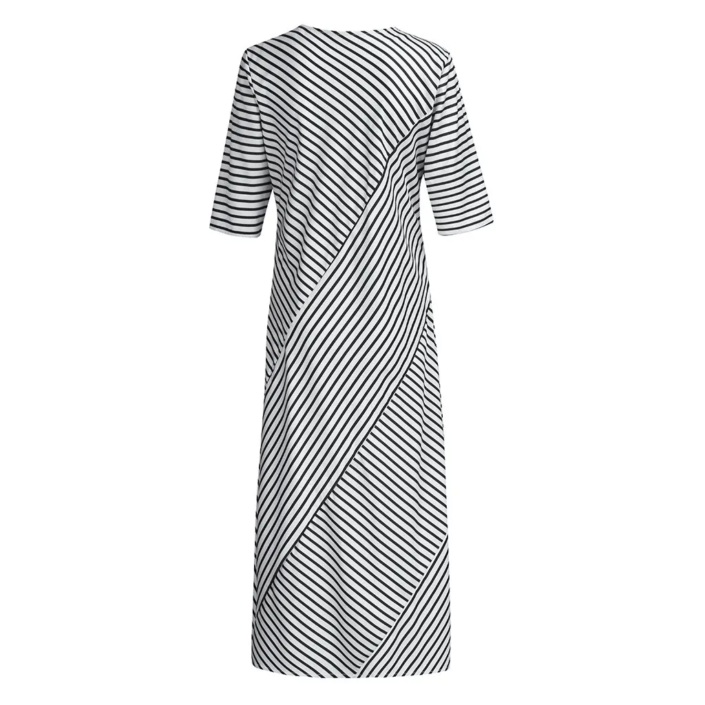 Ladies Casual Round Neck Striped Print Loose Half Sleeve Long Dress Summer Outdoor Fashion Split Large Size Maxi Plus | Женская одежда