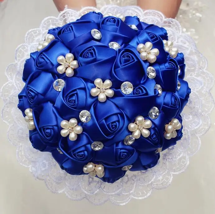 Royal Blue 1 шт. Кружева Новые простые королевские синие розы цветы Свадебный букет жемчуг алмаз невесты Свадебные цветы букет W2286 - Цвет: Royal Blue
