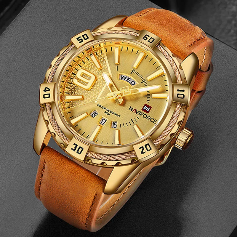 Brown Gold Gold NAVIFORCE мужские часы с серебряной кожей, спортивные армейские военные часы NAVIFORCE, мужские роскошные брендовые водонепроницаемые наручные часы для мужчин - Цвет: Brown Gold Gold