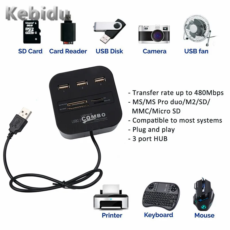 Высокоскоростной USB концентратор 2 0 3 порта с кардридером мини комбинированный