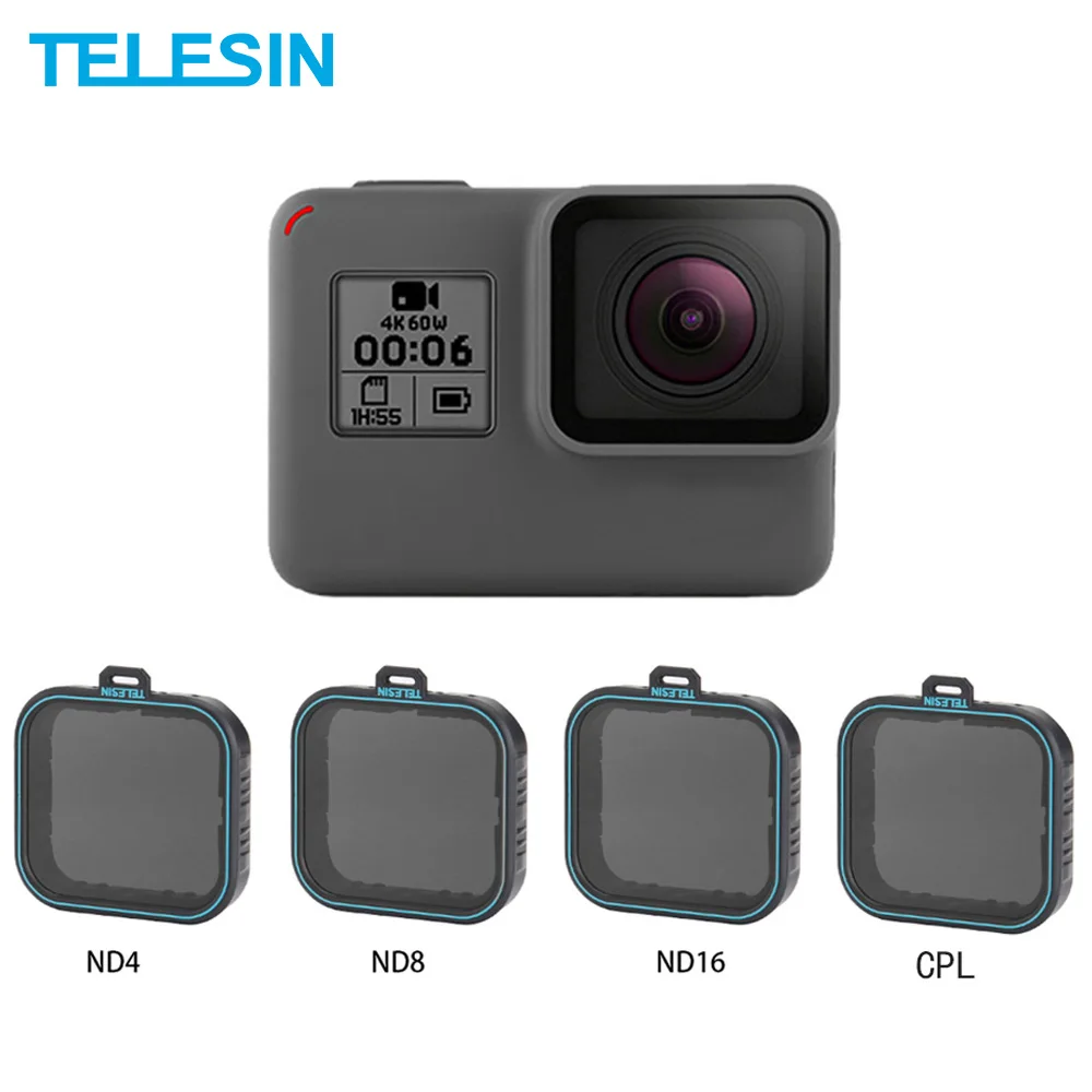 Комплект фильтров TELESIN 4 шт защитный фильтр для объектива ND (ND4 8 16)+ CPL Gopro Hero 5 6 и 7 Black