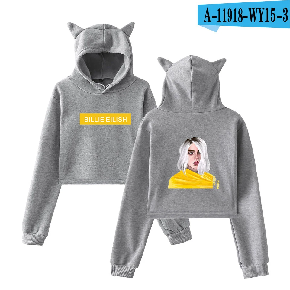 Billie Eilish Кепка с кошачьими ушками сексуальные толстовки модный тренд короткий кошачий Топ Женская толстовка с принтом сексуальная одежда Kpop - Цвет: gray