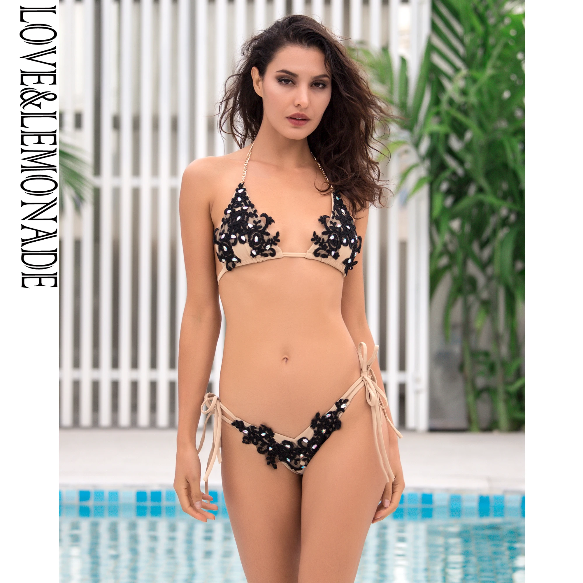 Женское пляжное бикини LOVE & LEMONADE черное кружевное из двух частей модель LM1186 -