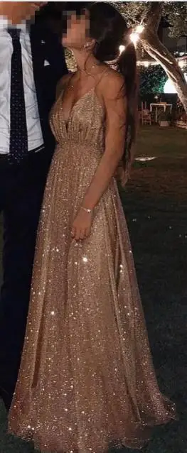 Шампанское Vestidos de Gala Sexy V образным вырезом блёстки тюлевые платья для выпускного вечера Длинные элегантные открытой спиной трапециевидной формы Формальные платья для вечерин - Цвет: Шампанское
